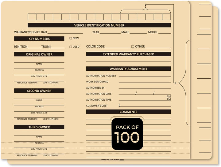 File Right Service Folders (Plain and Printed) – 14-Point Manila Auto Service Folders with VIN Tab, Vehicle Record Jackets for Car Dealerships, Repair Shops & Automotive Filing Systems, Pack of 100