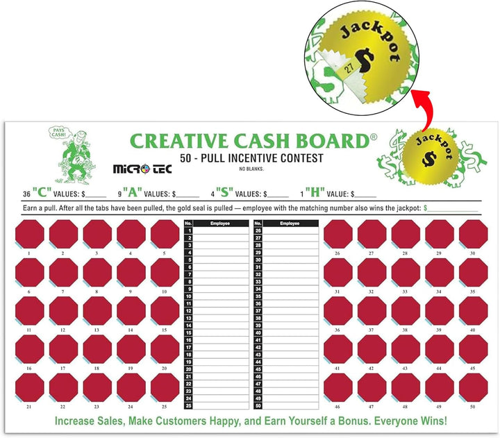 Incentive Cash Boards for Automotive Service Teams – 17" x 10-3/4" Motivational Reward Board with 50 Red Pull Tabs – 10-Point White Stock – Employee Performance & Sales Incentive Tool