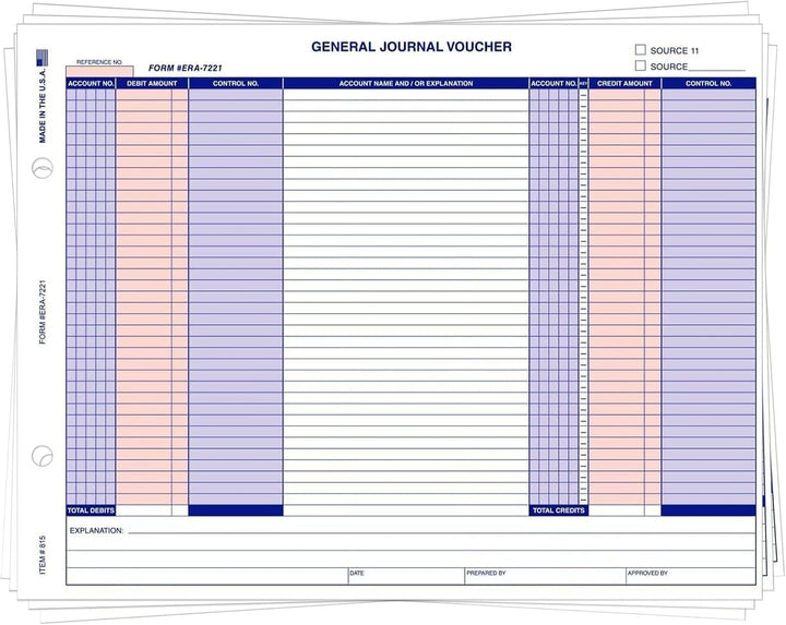 General Journal Vouchers (Form ERA-7221) – Compatible with ERA & VIM Accounting Systems, 8.5" × 11" 1-Part Cut Sheet Financial Record-Keeping Forms on 20# White Paper - 100 Sheets/Pad