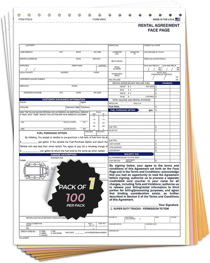Rental Agreements for Car Dealerships – 8.5" × 11.75" 4-Part Carbonless Vehicle Rental Contracts, Sequentially Numbered Auto Rental & Loaner Car Forms for Fleet Management | 100 Sheets/Pack