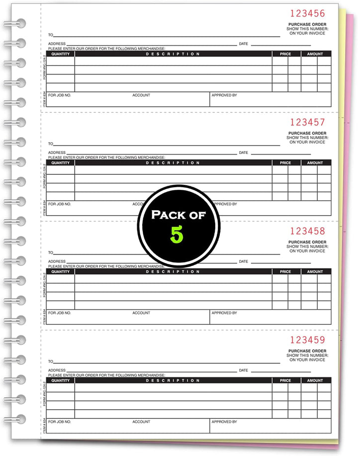 Purchase Order Books NC-124-2 – 2-Part Carbonless Duplicate NCR Forms with White & Canary Paper, 4 Purchase Orders Per Page, Heavy-Duty 8.5" × 11" Coil-Bound Invoice Books for Auto Dealerships & Parts Suppliers