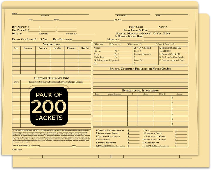 Pre-Printed Heavy Duty Body Shop Jackets – Large 12" × 9-3/8"