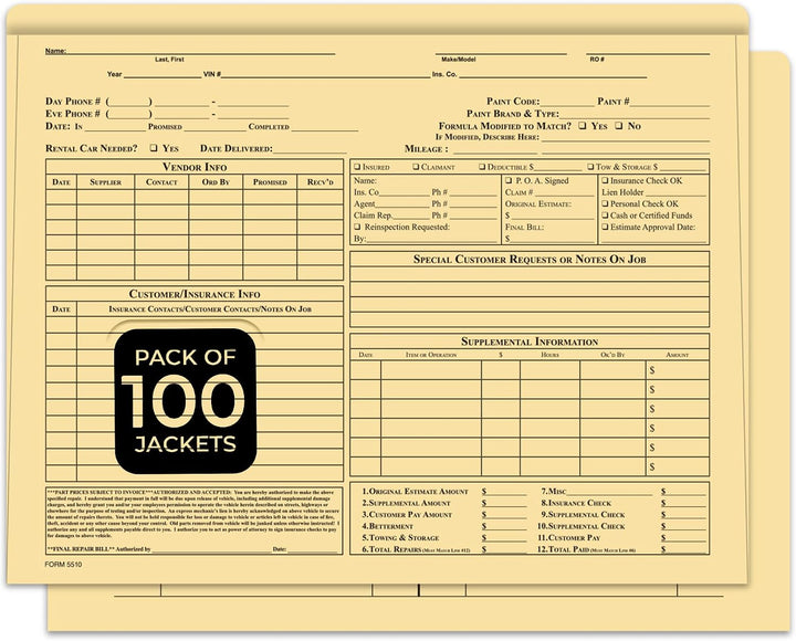 Pre-Printed Heavy Duty Body Shop Jackets – Large 12" × 9-3/8"