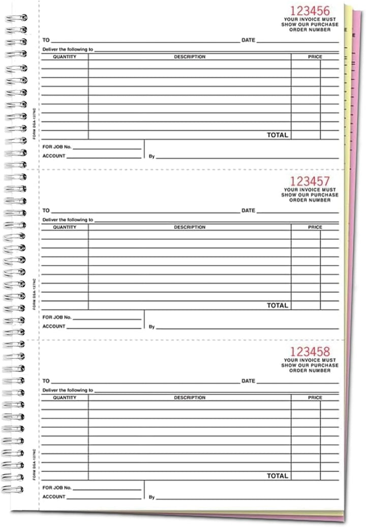 Purchase Order Books (Form DSA-127-NC) – 3-Part Carbonless Duplicate Forms in White, Canary & Pink NCR Paper – 3 Purchase Orders Per Page (3-2/3" × 6-1/2") – Heavy-Duty 7.5" x 11" Coil