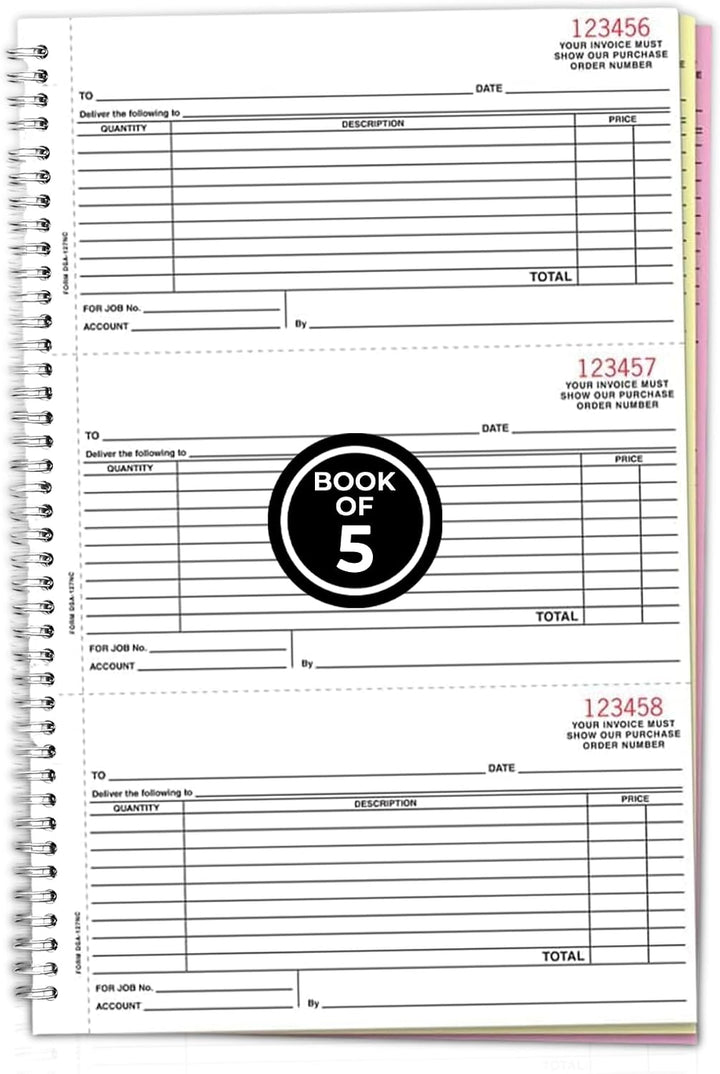 Purchase Order Books (Form DSA-127-NC) – 3-Part Carbonless NCR Forms with White, Canary & Pink Copies, 3 Purchase Orders Per Page, Heavy-Duty 7.5" × 11" Coil Bound