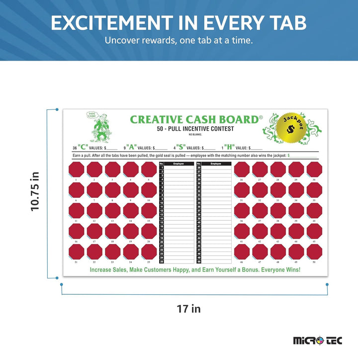 Incentive Cash Boards for Automotive Service Teams – 17" x 10-3/4" Motivational Reward Board with 50 Red Pull Tabs – 10-Point White Stock – Employee Performance & Sales Incentive Tool