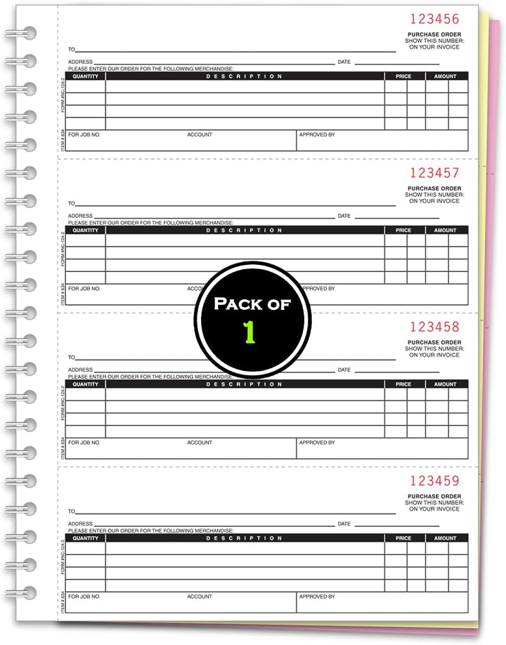 Purchase Order Books NC-124-2 – 2-Part Carbonless Duplicate NCR Forms with White & Canary Paper, 4 Purchase Orders Per Page, Heavy-Duty 8.5" × 11" Coil-Bound Invoice Books for Auto Dealerships & Parts Suppliers