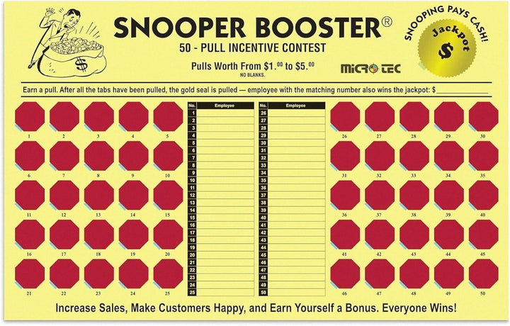 Incentive Cash Board – Snooper Booster 17" x 10-3/4" Yellow 10-Point Stock – Black Ink Printing with 50 Red Pull Tabs – Motivational Employee Performance & Sales Reward Tool