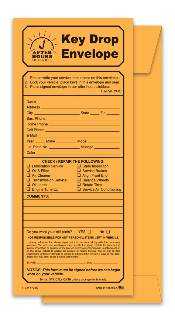 After-Hours Key Drop Envelopes for Car Dealerships – 4-1/8" × 9-1/2" Durable Kraft Paper Vehicle Key Bags – Secure Tamper-Proof Vehicle Key Drop Box Envelopes with Top Opening & Pre-Printed Checklist