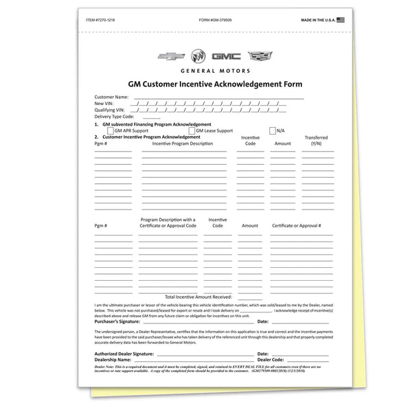 GM Customer Incentive & OnStar® Acknowledgment Form (GM-3795-OS) - 8-1/2" × 11-3/4" Size - 2-Part (White & Canary) Snap-Out Carbonless Forms for Incentive Program Management