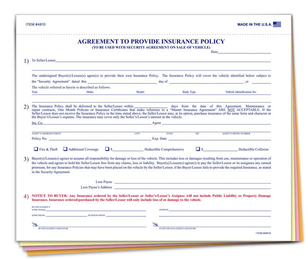 Agreement to Provide Insurance Policy (Form 228RS-U) - 8-1/2" × 7" Size, 4-Part Snap-Out Carbonless Copies - Ensure Vehicle Coverage with Comprehensive Documentation