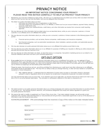 Privacy Notice Form (PN-2001-2) - 8-1/2" x 11", 2-Part Edge Glued Carbonless White, Canary - Compliant Privacy Notice for Financial Transactions with Popular Opt-Out Option