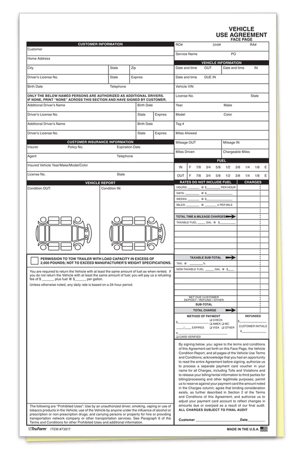 Professional Vehicle Use Agreements for Car Dealerships - 8-1/2" × 14" 2-Part Edge-Glued Forms - Carbonless White, Canary - Protect Your Transactions and Assets