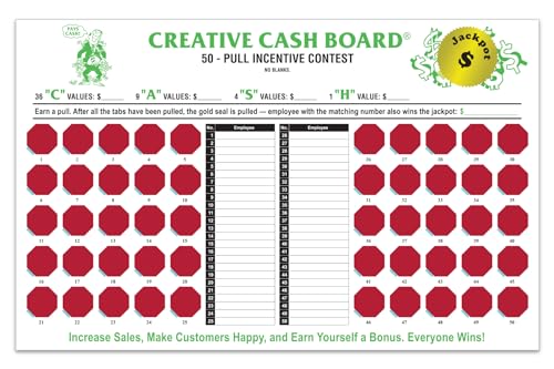 Incentive Cash Boards - 17" x 10-3/4" Creative Cash Board with 50 Red Pull Tabs - 10-point White Stock Cash Board for Motivating Automotive Service Teams