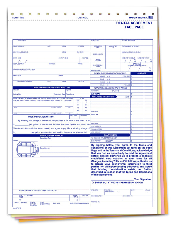 Rental Agreements for Car Dealerships - 8-1/2" × 11-3/4" 4-Part Snap-Out Forms - Carbonless White, Canary, Pink, Goldenrod