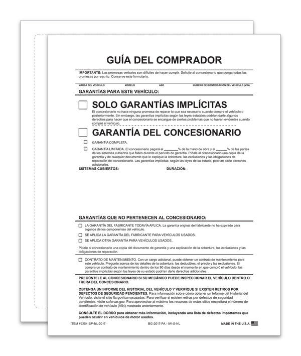 Implied Warranty Spanish – No Lines Exterior Buyers Guide - 8.5" x 11" 1-Part Weather-Resistant Forms with FTC Regulations - Laser Compatible and Permanent Self-Adhesive on 4 Sides