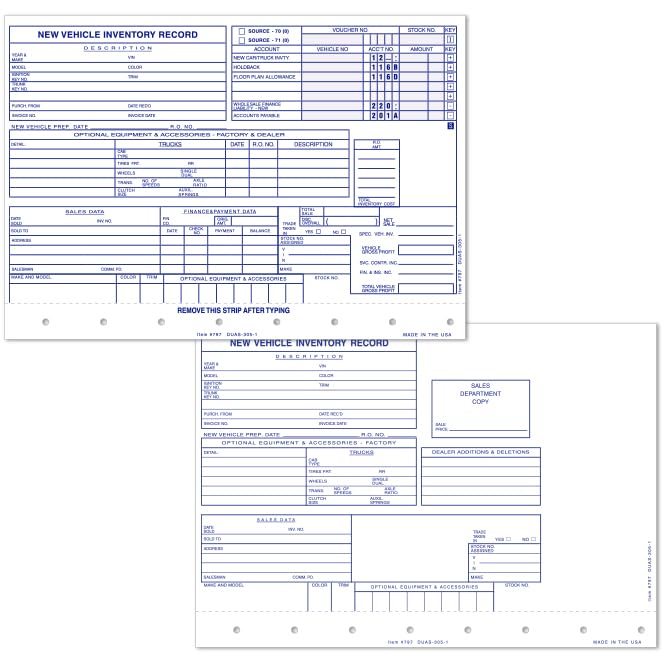 New Vehicle Inventory Cards - 2-Part Snap-Out Form
