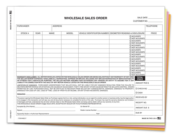 Wholesale Vehicle Sales Order Form for Car Dealerships - 11-1/2" x 8-1/2" Size, 4-Part Snap-Out, Carbonless Paper (White, Canary, Pink, Goldenrod) - Easy Transfer for Vehicle Transactions