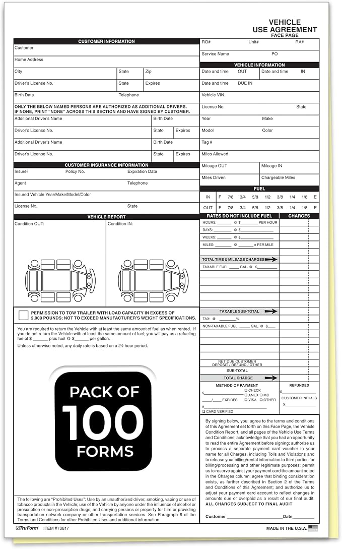 Professional Vehicle Use Agreements for Car Dealerships – 8.5" × 14" 2-Part Carbonless Rental, Loaner & Test Drive Contract Forms, Auto Dealer Forms