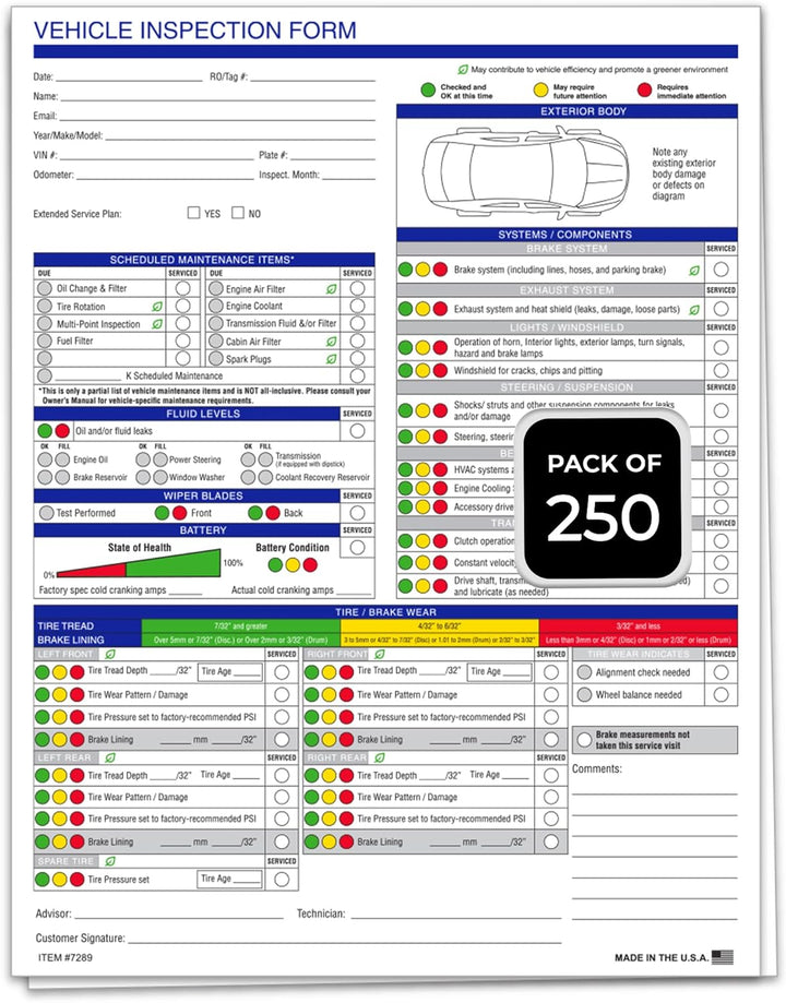 Multi-Point Inspection Form - Generic – Vehicle Inspection 2 Part Carbonless Vehicle Checklist - Manufacturer Recommended Inspection Report - 8-1/2"×11" Edge Glued - White