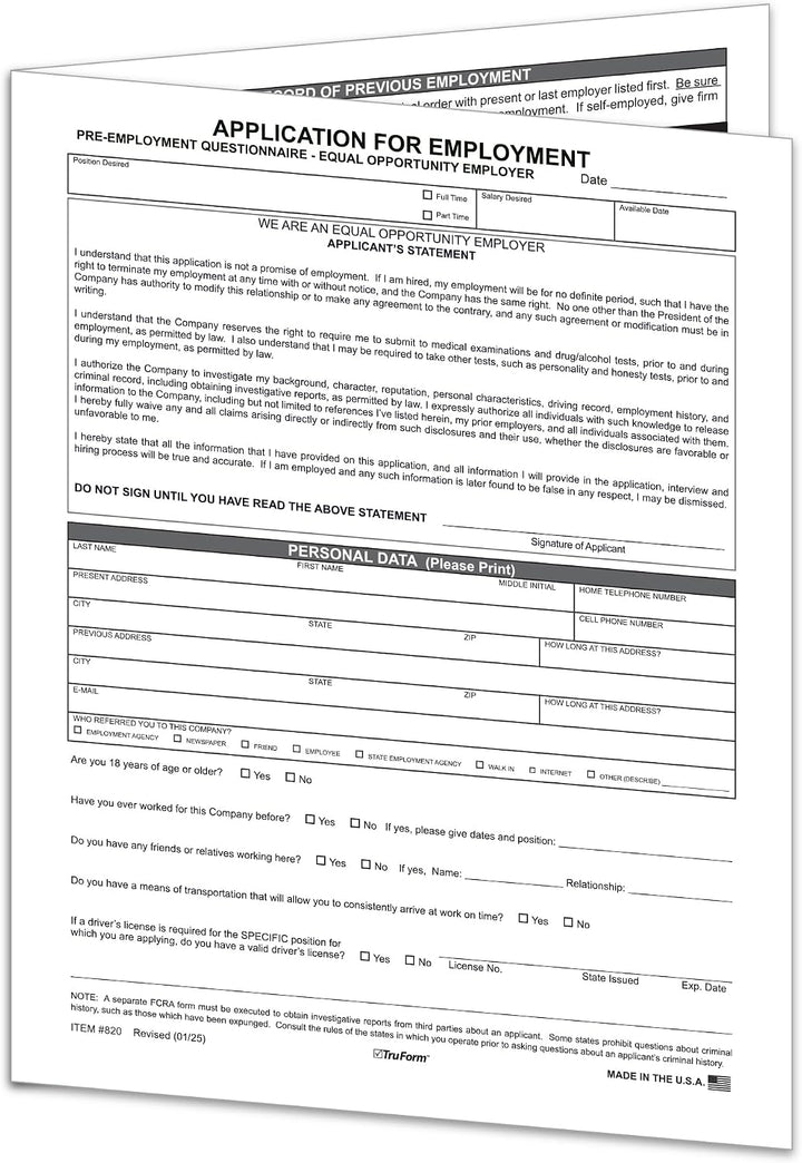 Application for Employment (Form EMP-1)