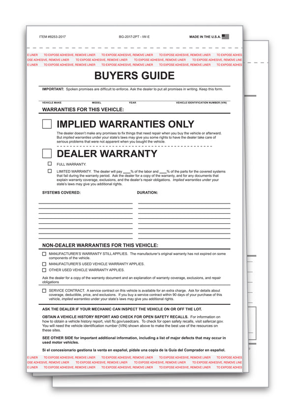 Implied Warranty Buyers Guide Forms for Car Dealerships – 2-Part Carbonless Snap-Out Vehicle Sale Forms – White/White – 7-1/3" × 11-3/4" Adhesive Window Display Ready – English/Spanish