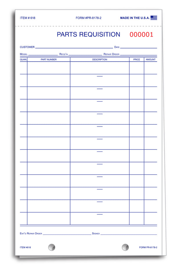 Parts Requisition Forms (PR-8178-2) - 2-Part Snap-Out Carbonless Forms (White/White Tag) with 2 File Holes - 5-1/2" × 9-3/16" Size