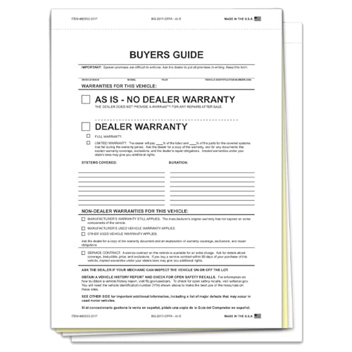 3-Part As-Is Combo Buyers Guide - 8.5" x 11.75" Size, White/Canary Paper with Carbon Interleave & White Adhesive Stock - Legal Compliance for Car Dealerships