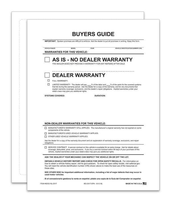 As-Is No Lines Exterior Buyers Guide for Car Dealerships - 8.5" x 11" 1-Part Weather-Resistant Forms with FTC Regulations - Laser Compatible and Permanent Self-Adhesive on 4 Sides