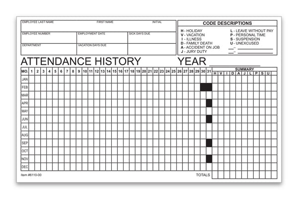 Employee Attendance Tracker - Efficient 1-Part Cut Sheet for Accurate Records - 8" × 5" Dimensions, Durable 90# Index Paper