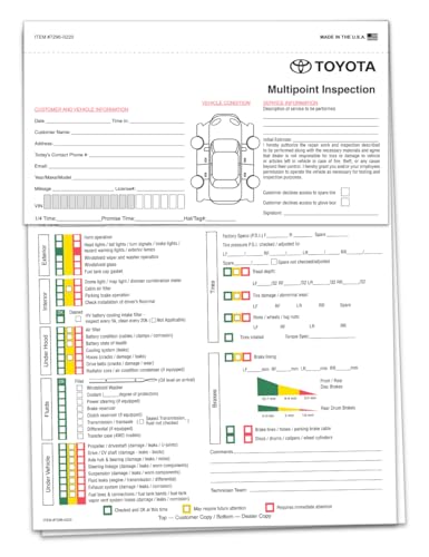 Multi-Point Inspection Form - Compatible with Toyota 3 Part Carbonless Vehicle Checklist - Manufacturer Specific Inspection Report - 8-1/2"×11" Snap-Out - White, White, White