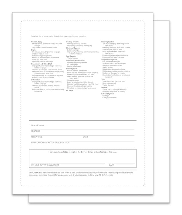 Backer Only Exterior Buyers Guide for Car Dealerships - 8.5" x 11" 1-Part Weather-Resistant Forms with FTC Regulations - Laser Compatible and Permanent Self-Adhesive on 4 Sides