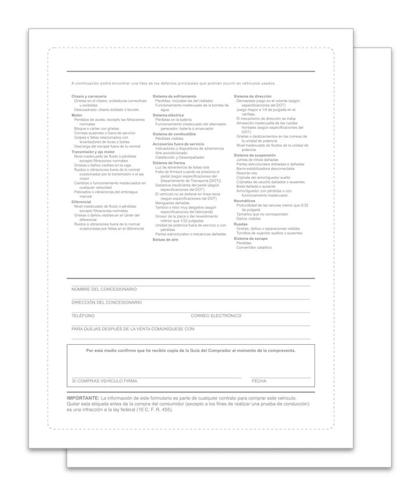 Backer Only – Spanish Exterior Buyers Guide for Car Dealerships - 8.5" x 11" 1-Part Weather-Resistant Forms with FTC Regulations - Laser Compatible and Permanent Self-Adhesive on 4 Sides