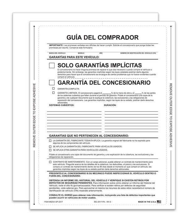 Implied Warranty Spanish Interior Buyers Guide for Car Dealerships - 8.5" x 11" 1-Part Fade-Resistant Forms with FTC Regulations - Laser Compatible and Permanent Self-Adhesive on 4 Sides