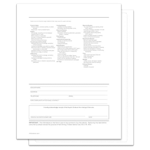 Backer Only Interior Buyers Guide for Car Dealerships - 8.5" x 11" 1-Part Fade-Resistant Forms with FTC Regulations - Laser Compatible and Permanent Self-Adhesive on 4 Sides