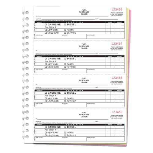 Fuel Purchase Order Book (Form NC-124-3-Fuel) - 8.5" x 11" Size - 3-Part (White, Canary, Pink) Carbonless Forms - 200 Forms/Book (2.75" x 7.5" Size) - Black Ink Printing with Red Numbering