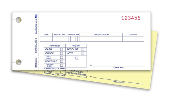 Carbonless Cash Receipts for Tracking Transactions - 2-Part/3-Part Snap-Out Design with 2 File Holes - White, Canary, Pink - 6-1/2" × 2-3/4" - Plain Books, No Starting Number Selection