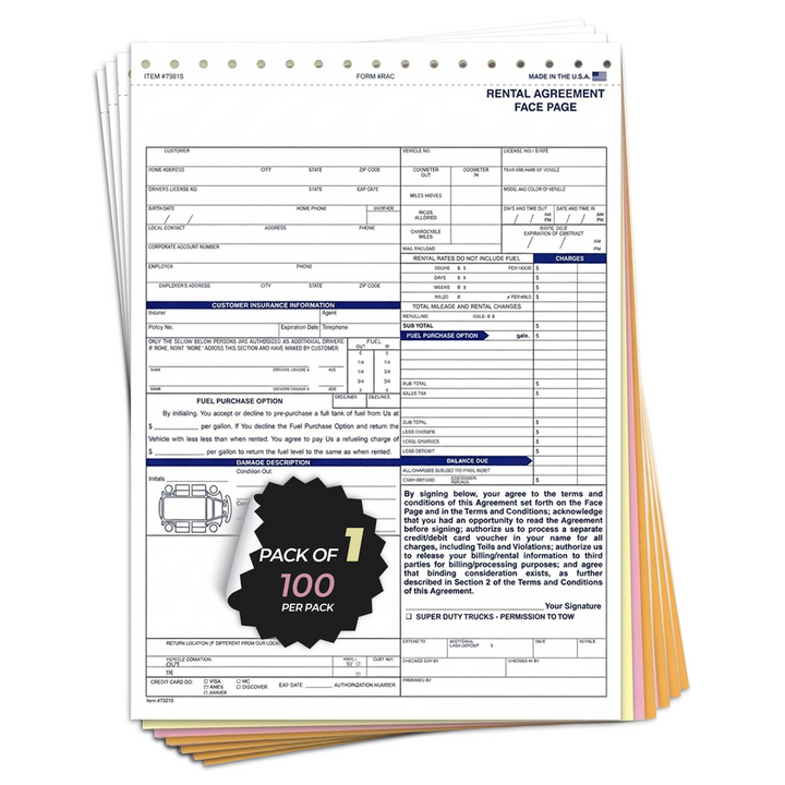 Rental Agreements for Car Dealerships - 8.5" × 11.75" 4-Part Carbonless Vehicle Rental Contracts - Sequentially Numbered Auto Rental Forms, Loaner Car Agreements, Fleet Management Paperwork