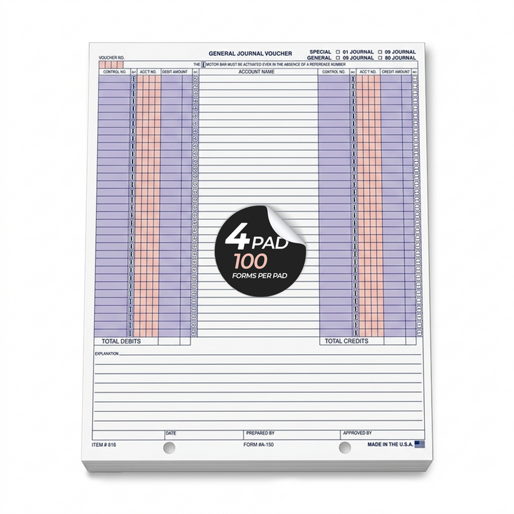 General Journal Vouchers (Form A-150) - Compatible with Most Computer Software Systems - 8.5" × 11" 1-Part Cut Sheet, 20# White Paper - Standardized Financial Record-Keeping Forms