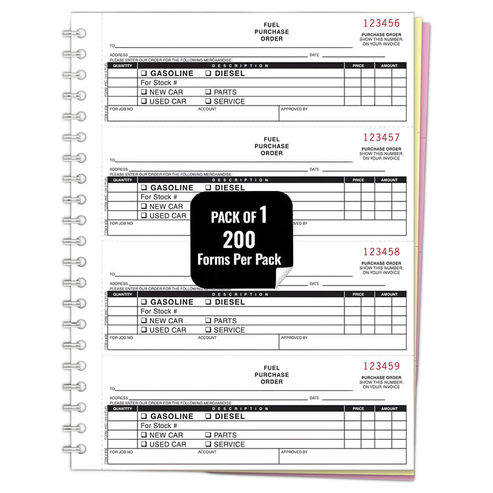 Fuel Purchase Order Book (NC-124-3-Fuel) - 8.5" x 11" 3-Part Carbonless Forms, NCR Fuel PO Book, Black Ink Red Numbering, Automotive Dealership Use, White Canary Pink - 200/Book, Book of 1