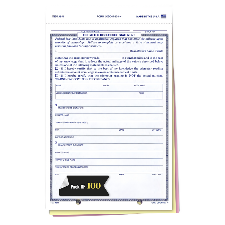 Odometer Disclosure Statements with Blue Screen/No Screen - 5-2/3" × 9-1/8" 3-Part Snap-Out Carbonless Forms with 2 File Holes for Easy Posting - White, Canary, Pink