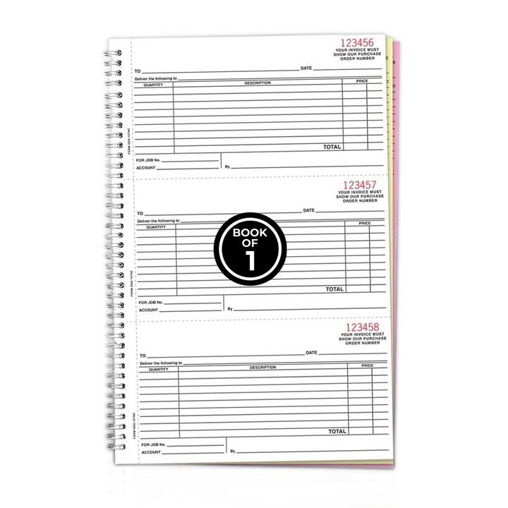 Purchase Order Books (Form DSA-127-NC) – 3-Part Carbonless NCR Forms with White, Canary & Pink Copies, 3 Purchase Orders Per Page, Heavy-Duty 7.5" × 11" Coil Bound