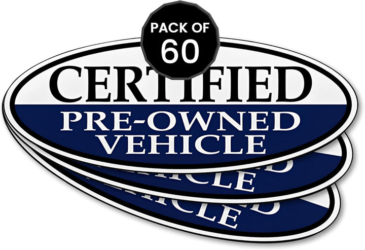 Certified Pre Owned Vehicle Window Sticker 14" x 5.5" - Blue Oval Weatherproof Removable Vinyl Windshield Decal for Car Dealership Display, Auto Lot Inventory & Showroom Vehicles