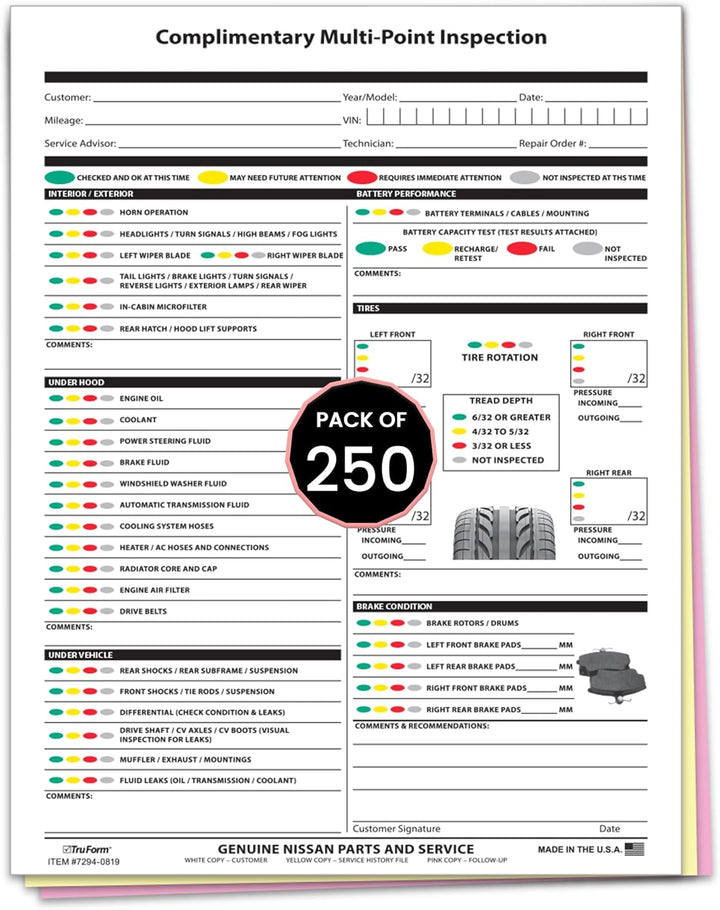 Multi Point Vehicle Inspection Form 8.5" x 11" - 3 Part Carbonless Auto Inspection Checklist Compatible with Nissan, Full Color Mechanic Service Forms, Repair Order & Vehicle Inspection Sheets