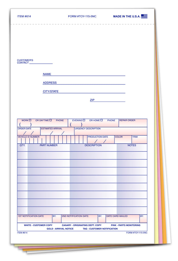 Special Parts Order Forms (TOY-115-5NC/117N) - 5-Part Carbonless Snap-Out Forms with Customer Message Section and Postcard Mailer - 5-2/3" × 9-1/4" Size Multi-Colored Copies