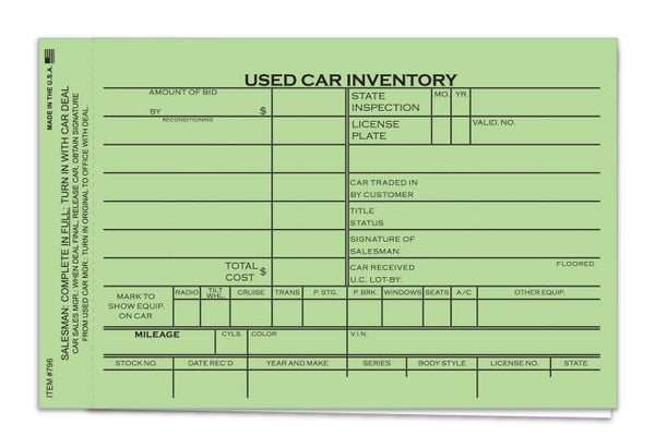 Used Car Inventory Card - 2-Part Snap-Out Carbonless System with Green and White Tags - 6-5/8" x 4-1/4" - Ideal for Dealerships, Garages, and Rental Services