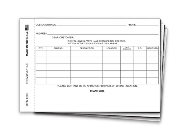 Special Parts Order Forms for Automotive Businesses (Form SA-112-3) - Pre-Printed Custom Format on 28lb Bond Paper - Perforated 2-Part NCR - 8.5" x 11" Size