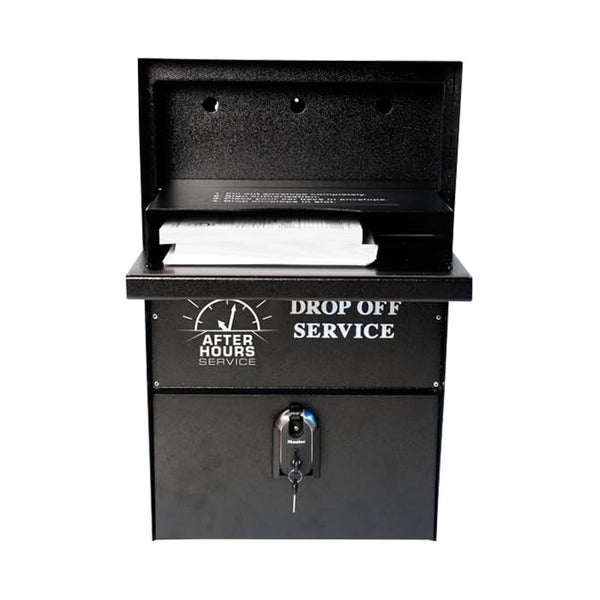 Self-Contained Night Drop Box with Anti-Theft Plate and Tamper-Proof Lock, Black Steel Construction, Wall or Pedestal Mount, 25-1/4" H x 15" W x 12" D, Includes 50 Envelopes