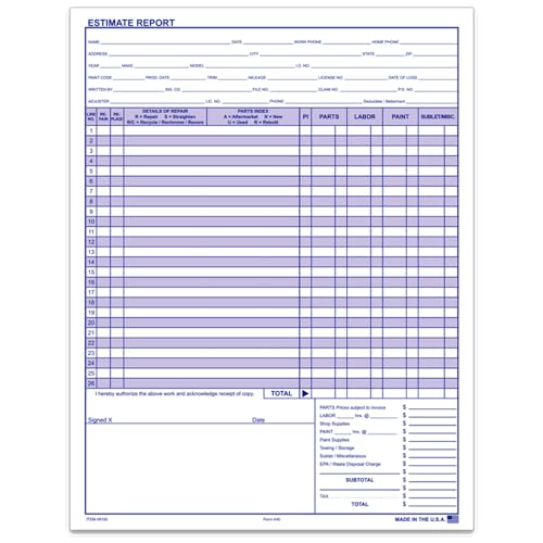 Repair Estimate Form - 8.5" × 11" Size, 20# White Paper, 50 Sheets per Pad - Professional Solution for Automotive Dealerships and Repair Shops, Large Dealer Name and Address Area