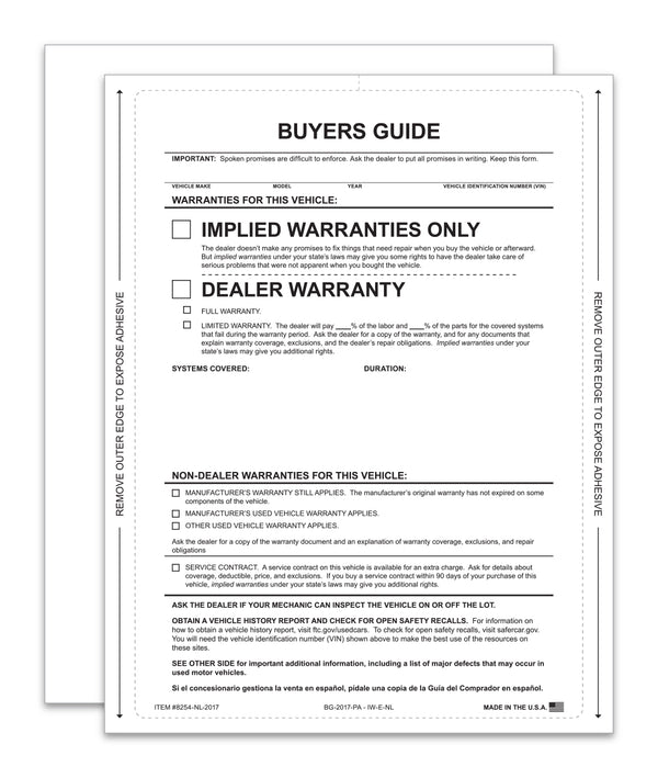 Implied Warranty – No Lines Interior Buyers Guide for Car Dealerships - 8.5" x 11" 1-Part Fade-Resistant Forms with FTC Regulations - Laser Compatible and Permanent Self-Adhesive on 4 Sides